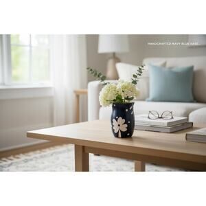 Handcrafted Navy Blue Vase with Delicate Flowers
